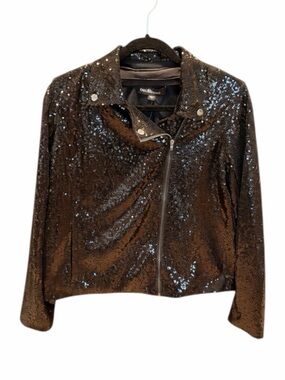 Colleen Lopez Black Sequin Moto Biker Jacket Size Medium